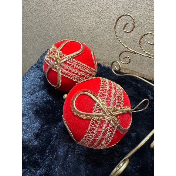 Vintage West Germany Koestel Christmas Ornaments 5 " BALL Red Velvet Gold Set - Picture 9 of 11